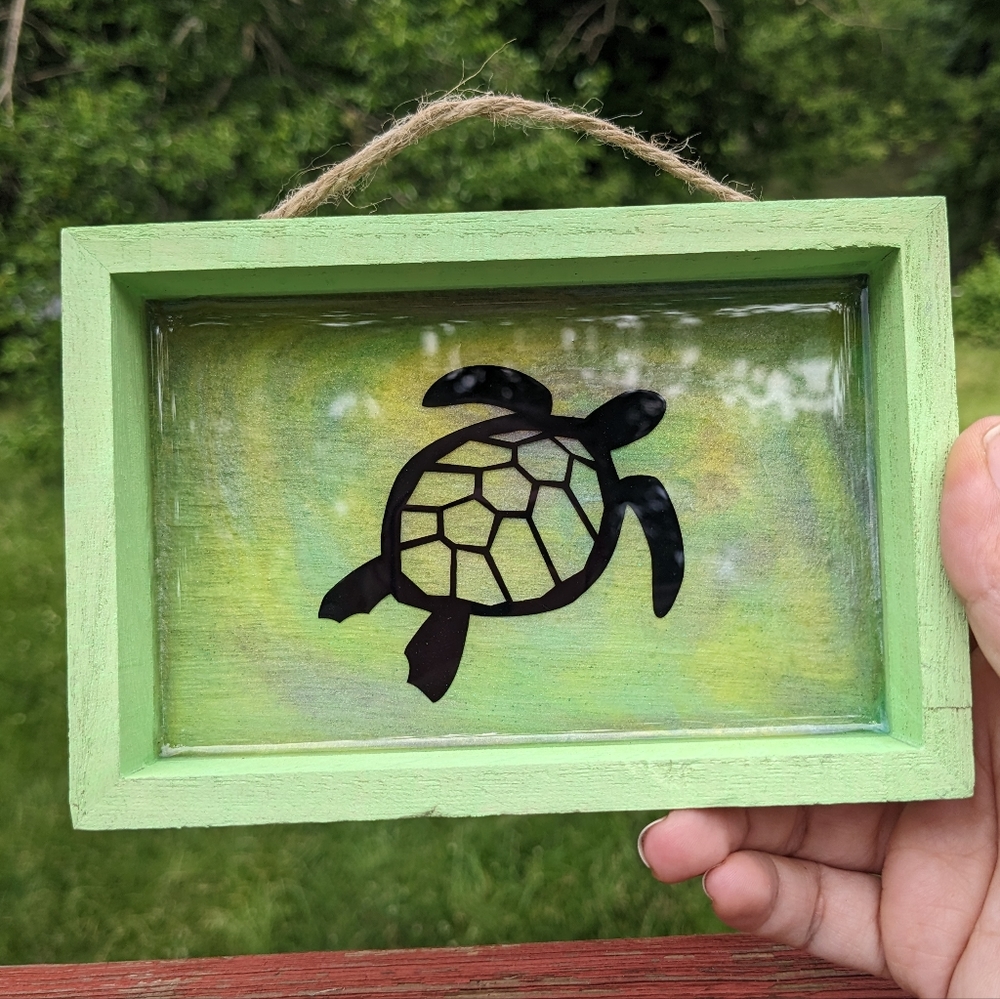 Turtle Wall Hanging Resin Handmade Green Art Wood Shadowbox Canvas Turtles - Picture 7 of 8